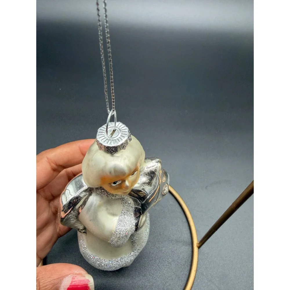 Vintage Blown Glass Angel Christmas‎ Ornament Silver Glitter White Star 6 Inch